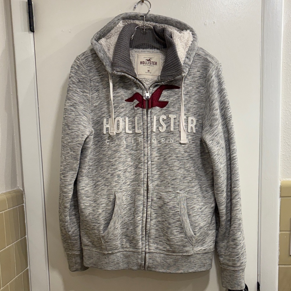 Hollister Gray Zip-Up Sweater with Red Logo